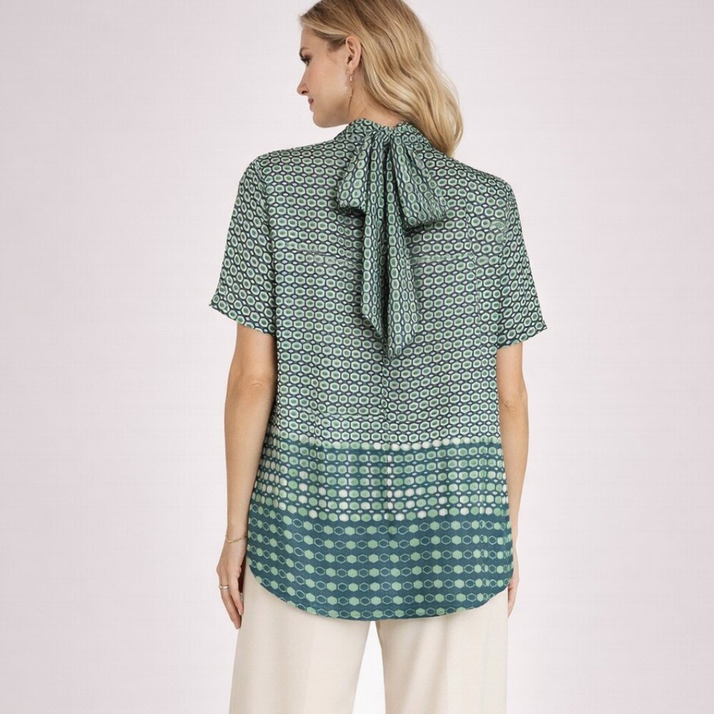 ZARA Green Geometric Print Satin Blouse Tie Neck Top Short Sleeve Retro S
